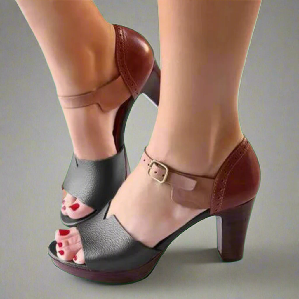 Katharina | Premium Sandale mit Absatz im Koreanischen Stil mit Farbblöcken und Schnalle