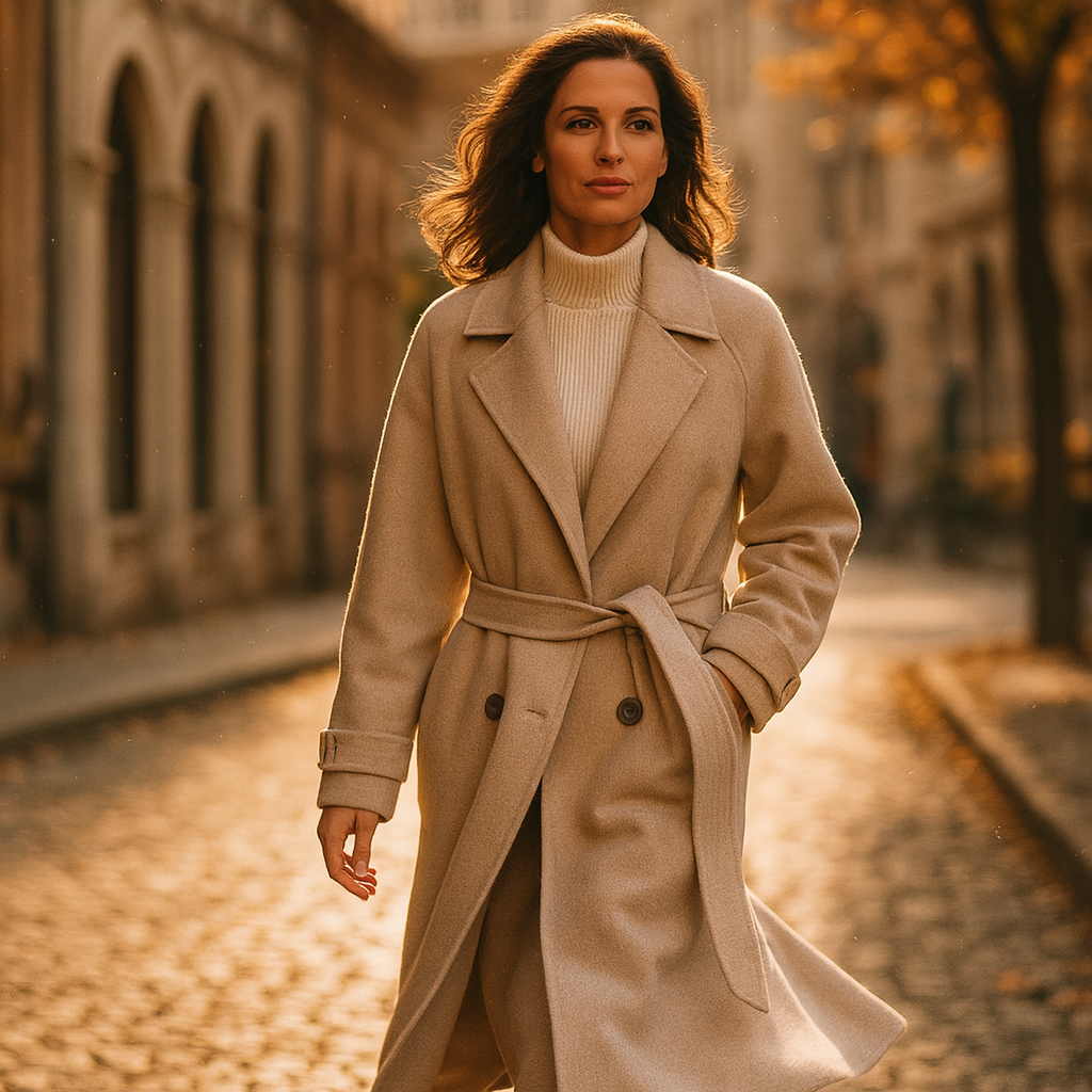 Jauceline – Langer Damenmantel aus Wolle mit Gürtel Elegant