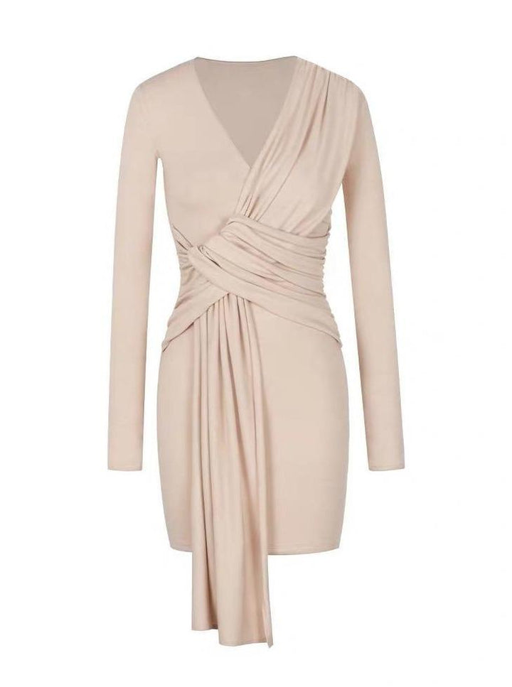 Zelda – Damen Kleid Langarm Figurbetont Beige Elegant
