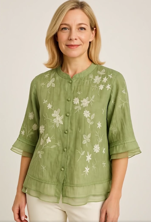 Kourtney – Damenbluse aus Baumwolle mit Blumenstickerei und elegantem Schnitt